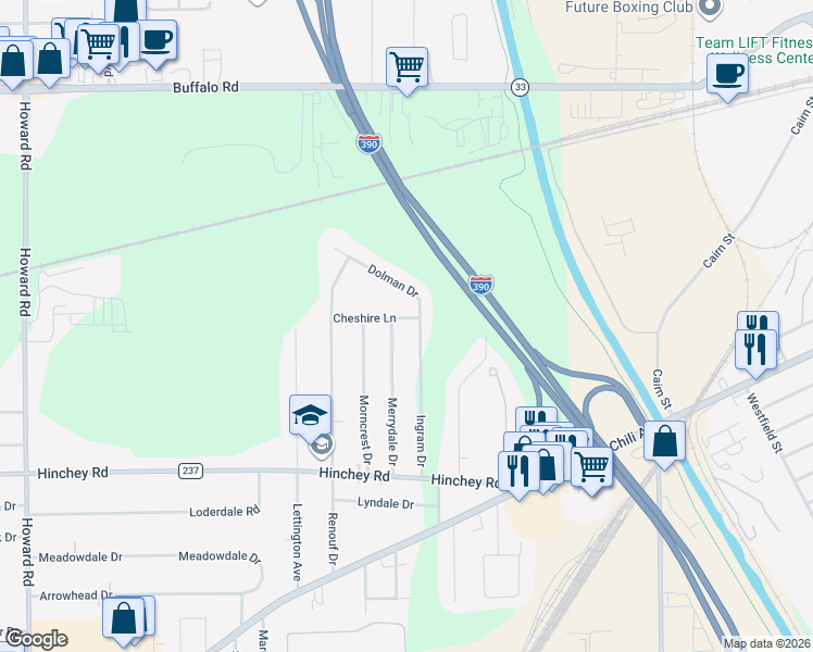 map of restaurants, bars, coffee shops, grocery stores, and more near 7 Cheshire Lane in Rochester