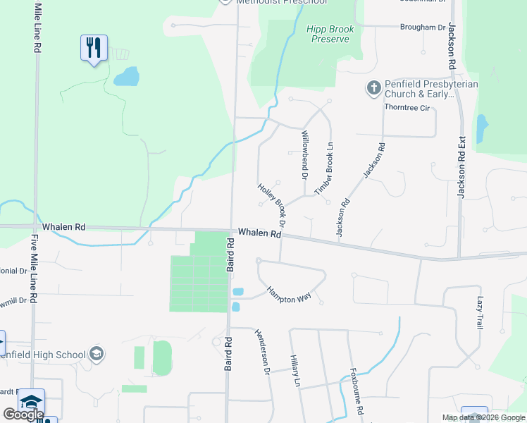 map of restaurants, bars, coffee shops, grocery stores, and more near 14 Snowberry Circle in Penfield