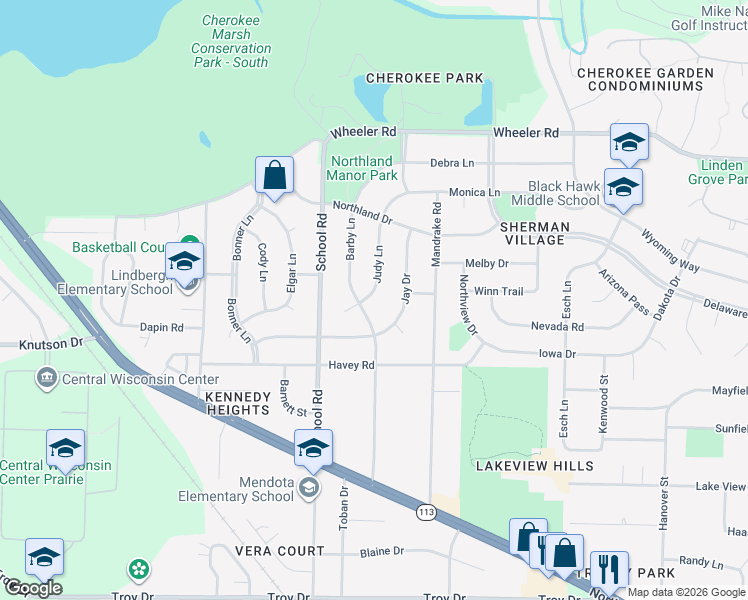 map of restaurants, bars, coffee shops, grocery stores, and more near 4505 Judy Lane in Madison
