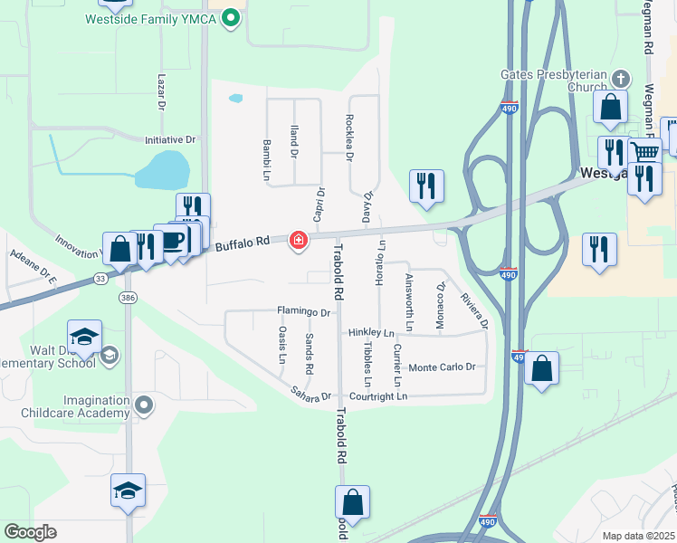 map of restaurants, bars, coffee shops, grocery stores, and more near Trabold Road & Crystal Commons Drive in Rochester