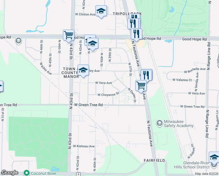 map of restaurants, bars, coffee shops, grocery stores, and more near 6941 North Sussex Street in Milwaukee