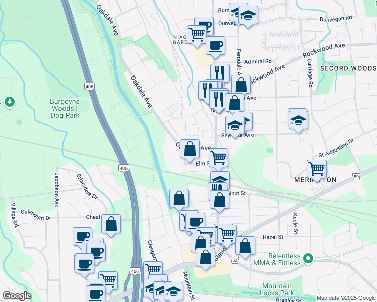 map of restaurants, bars, coffee shops, grocery stores, and more near 37 Oakdale Avenue in St. Catharines