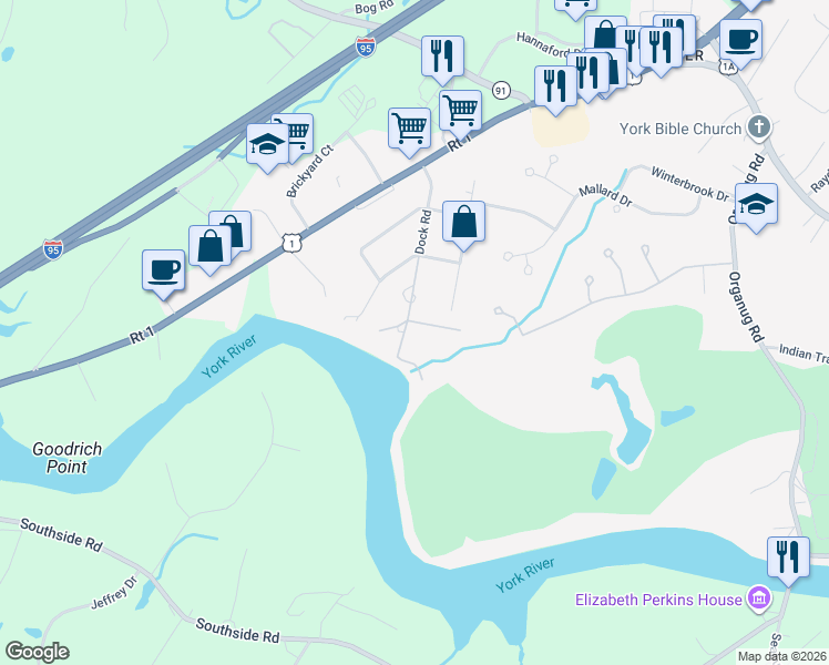 map of restaurants, bars, coffee shops, grocery stores, and more near 1 River Farm Road in York
