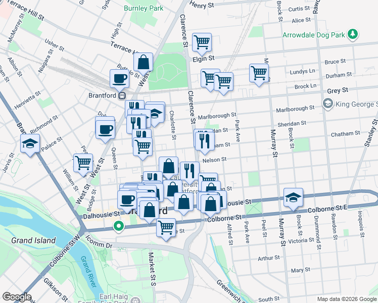 map of restaurants, bars, coffee shops, grocery stores, and more near 107 Chatham Street in Brantford
