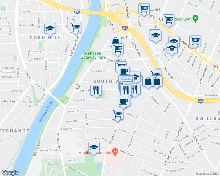 map of restaurants, bars, coffee shops, grocery stores, and more near 80 Hickory Street in Rochester