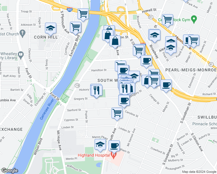 map of restaurants, bars, coffee shops, grocery stores, and more near 78 Hickory Street in Rochester