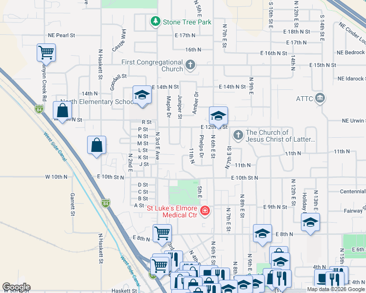 map of restaurants, bars, coffee shops, grocery stores, and more near 1135 Phelps Circle in Mountain Home