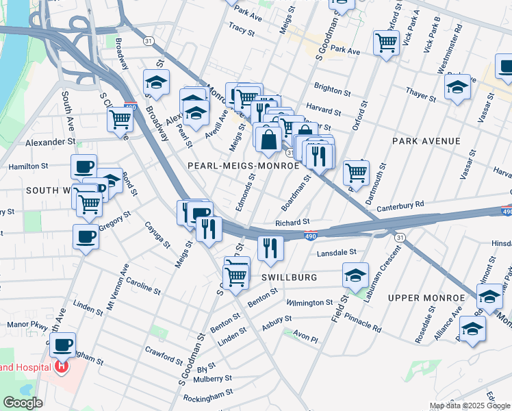 map of restaurants, bars, coffee shops, grocery stores, and more near 29 Rising Place in Rochester