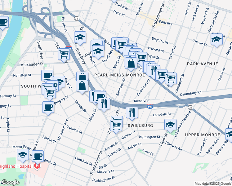 map of restaurants, bars, coffee shops, grocery stores, and more near 62 Edmonds Street in Rochester
