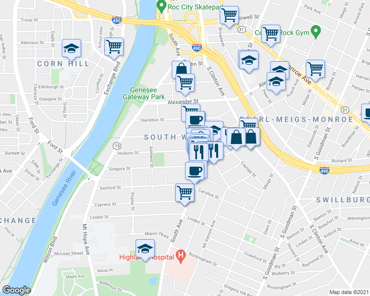 map of restaurants, bars, coffee shops, grocery stores, and more near 98 Hickory Street in Rochester