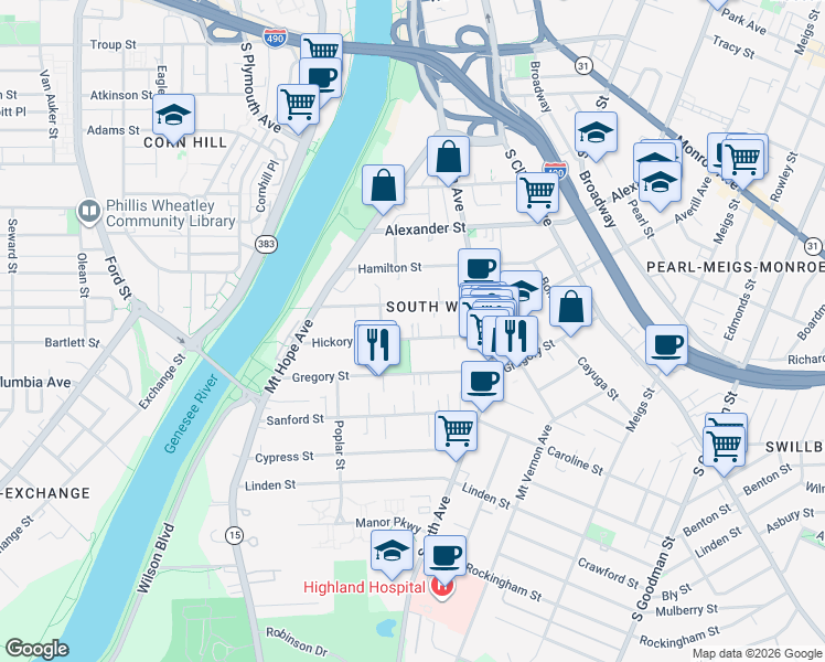 map of restaurants, bars, coffee shops, grocery stores, and more near 80 Hickory Street in Rochester