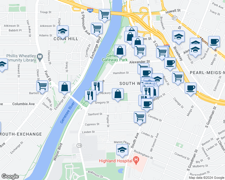 map of restaurants, bars, coffee shops, grocery stores, and more near 30 Hickory Street in Rochester