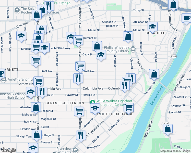 map of restaurants, bars, coffee shops, grocery stores, and more near 114.5 Bartlett Street in Rochester