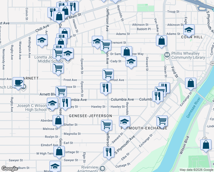 map of restaurants, bars, coffee shops, grocery stores, and more near 595 Jefferson Avenue in Rochester