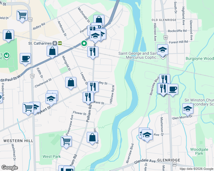 map of restaurants, bars, coffee shops, grocery stores, and more near 8 Hillview Road North in St. Catharines