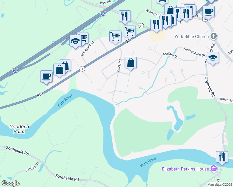 map of restaurants, bars, coffee shops, grocery stores, and more near 1 River Farm Road in York