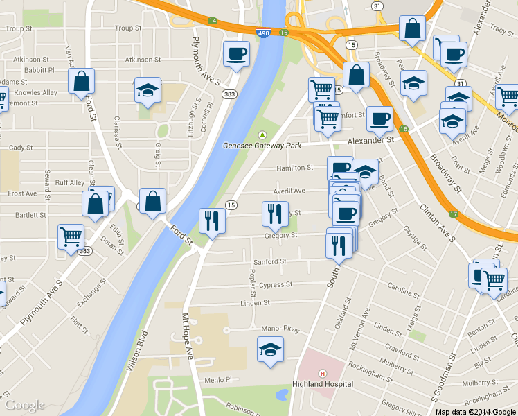 map of restaurants, bars, coffee shops, grocery stores, and more near 30 Hickory Street in Rochester