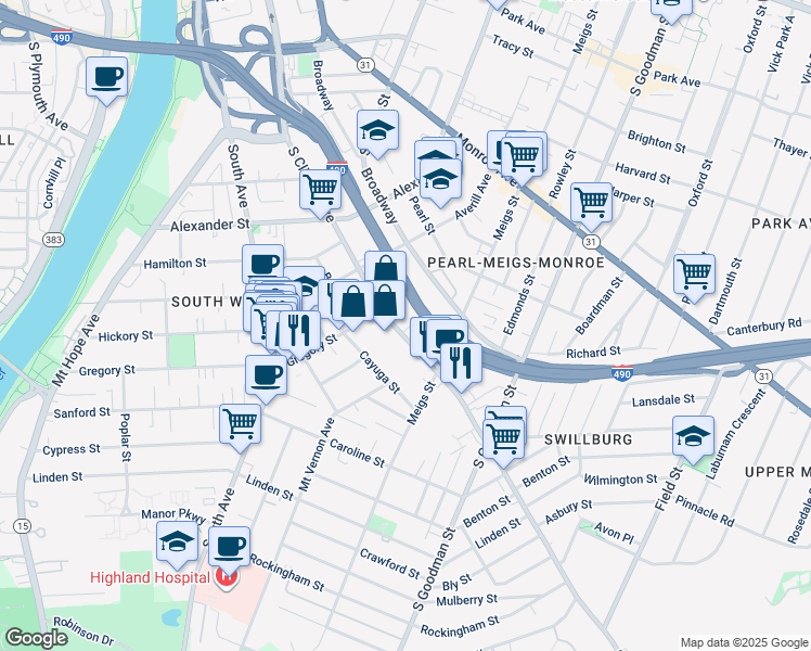 map of restaurants, bars, coffee shops, grocery stores, and more near 742 South Clinton Avenue in Rochester