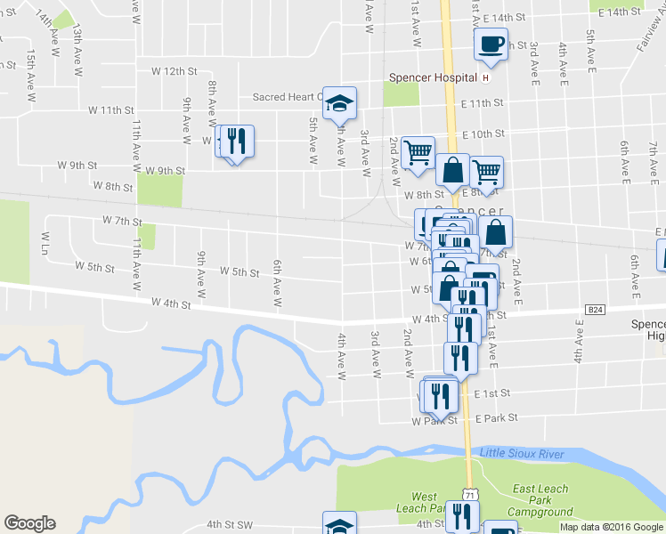 map of restaurants, bars, coffee shops, grocery stores, and more near 523 4th Avenue West in Spencer