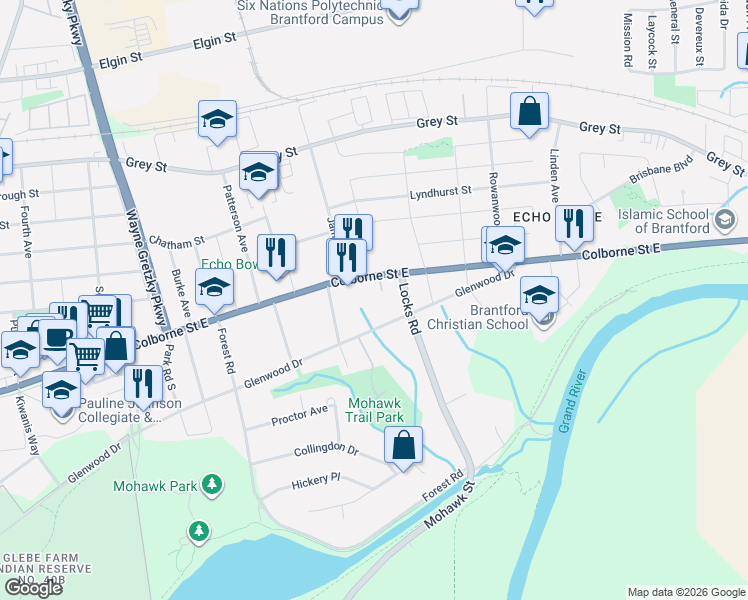 map of restaurants, bars, coffee shops, grocery stores, and more near 793 Colborne Street in Brantford
