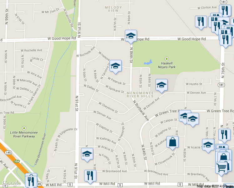 map of restaurants, bars, coffee shops, grocery stores, and more near 8709 West Spokane Street in Milwaukee