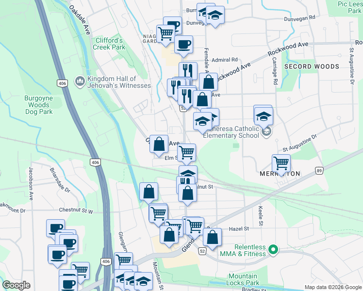 map of restaurants, bars, coffee shops, grocery stores, and more near 405 Merritt Street in Saint Catharines