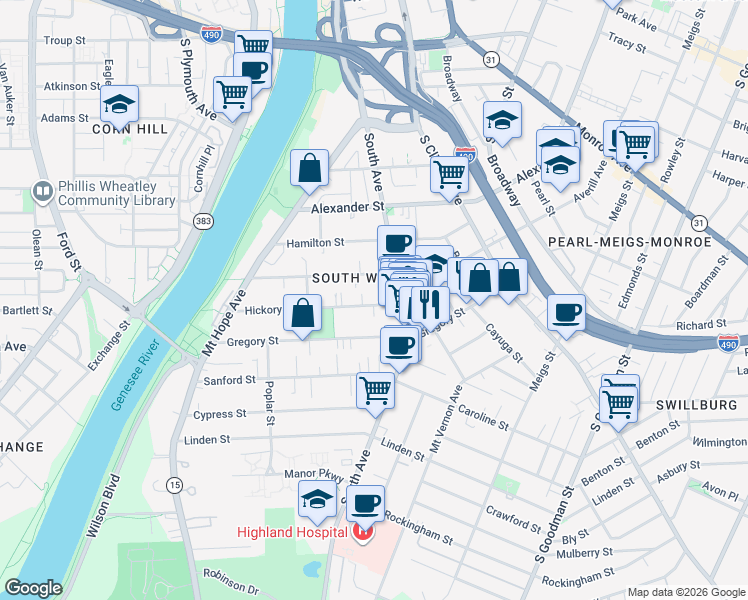 map of restaurants, bars, coffee shops, grocery stores, and more near 98 Hickory Street in Rochester