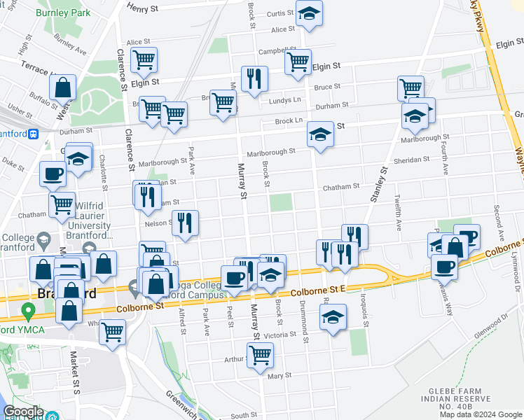 map of restaurants, bars, coffee shops, grocery stores, and more near 236 Nelson Street in Brantford