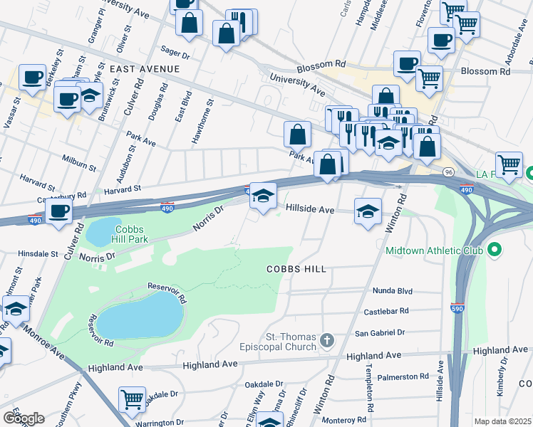 map of restaurants, bars, coffee shops, grocery stores, and more near 85 Hillside Avenue in Rochester