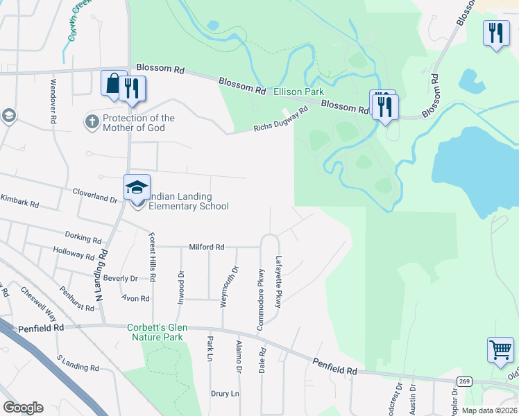 map of restaurants, bars, coffee shops, grocery stores, and more near 254 Commodore Parkway in Rochester