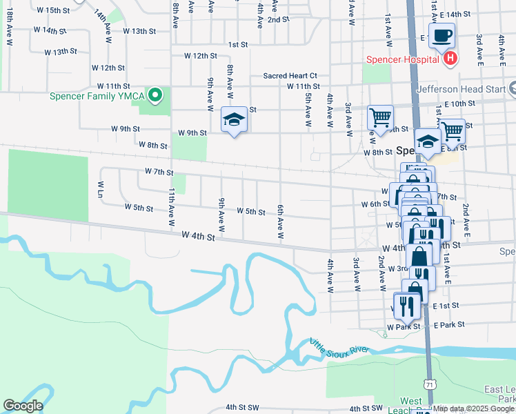 map of restaurants, bars, coffee shops, grocery stores, and more near 717 West 5th Street in Spencer