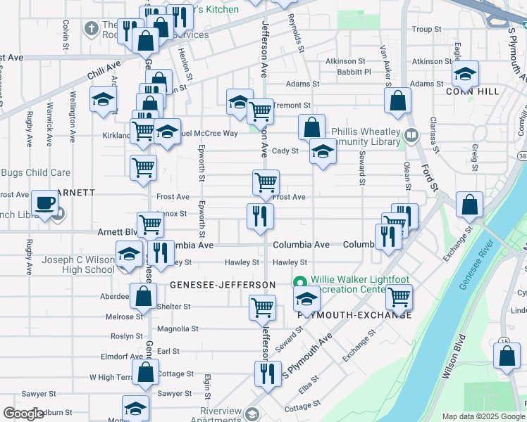 map of restaurants, bars, coffee shops, grocery stores, and more near 595 Jefferson Avenue in Rochester
