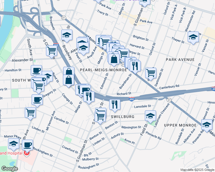 map of restaurants, bars, coffee shops, grocery stores, and more near 537 South Goodman Street in Rochester