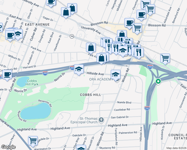 map of restaurants, bars, coffee shops, grocery stores, and more near 129 Hillside Avenue in Rochester