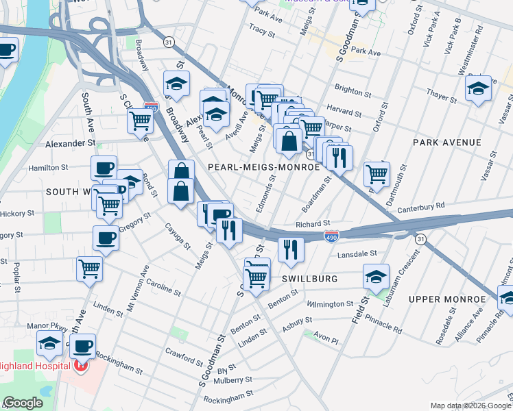map of restaurants, bars, coffee shops, grocery stores, and more near 62 Edmonds Street in Rochester