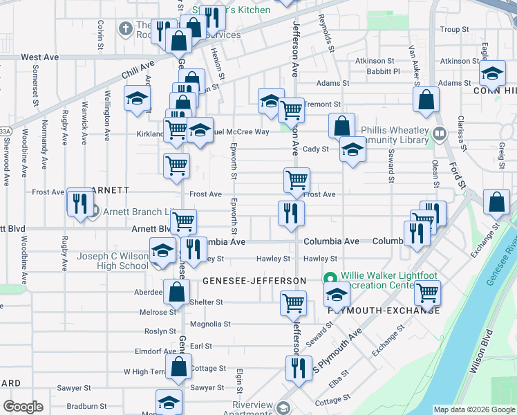 map of restaurants, bars, coffee shops, grocery stores, and more near 184 Bartlett Street in Rochester