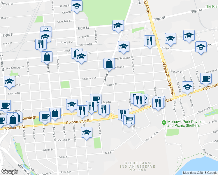 map of restaurants, bars, coffee shops, grocery stores, and more near 347 Nelson Street in Brantford