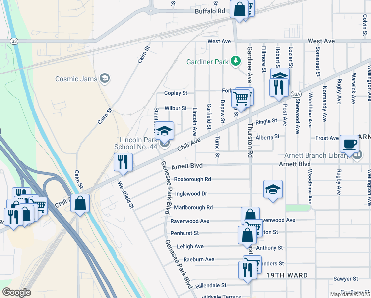 map of restaurants, bars, coffee shops, grocery stores, and more near 765 Chili Avenue in Rochester