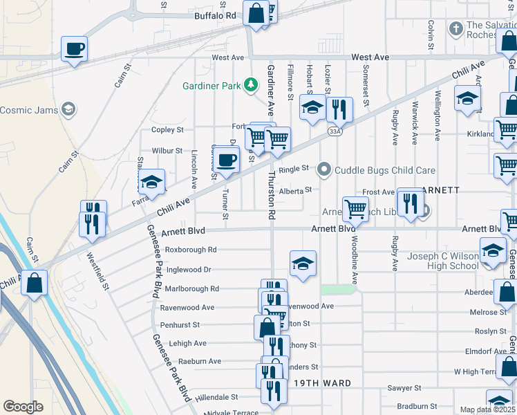 map of restaurants, bars, coffee shops, grocery stores, and more near 31 Devonshire Court in Rochester