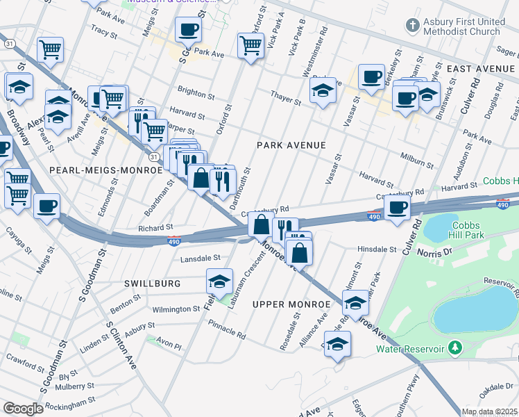 map of restaurants, bars, coffee shops, grocery stores, and more near 433 Westminster Road in Rochester