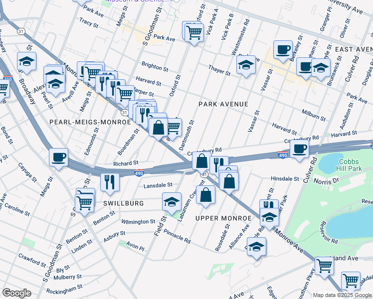 map of restaurants, bars, coffee shops, grocery stores, and more near 433 Westminster Road in Rochester