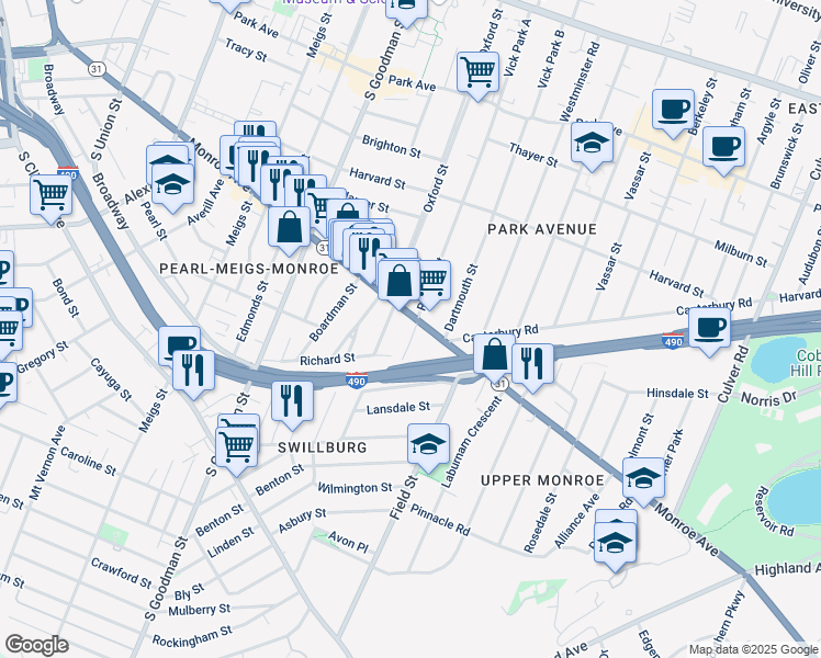 map of restaurants, bars, coffee shops, grocery stores, and more near 337 Rutgers Street in Rochester