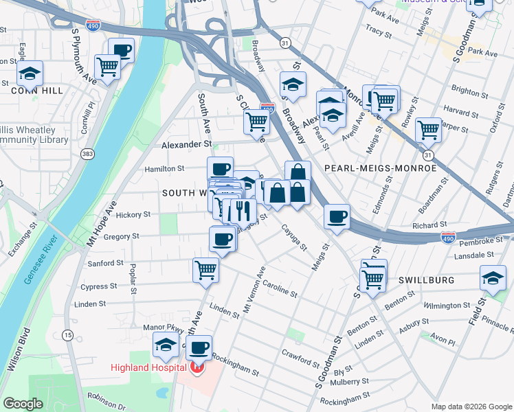 map of restaurants, bars, coffee shops, grocery stores, and more near 22 Whalin Street in Rochester
