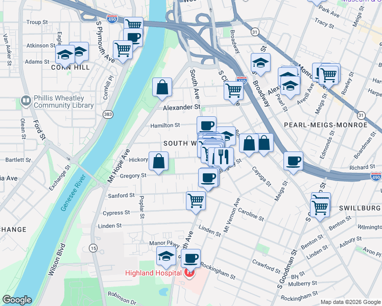 map of restaurants, bars, coffee shops, grocery stores, and more near 98 Hickory Street in Rochester