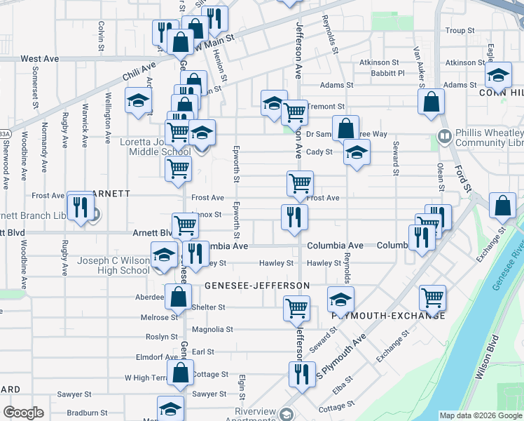 map of restaurants, bars, coffee shops, grocery stores, and more near 184 Bartlett Street in Rochester