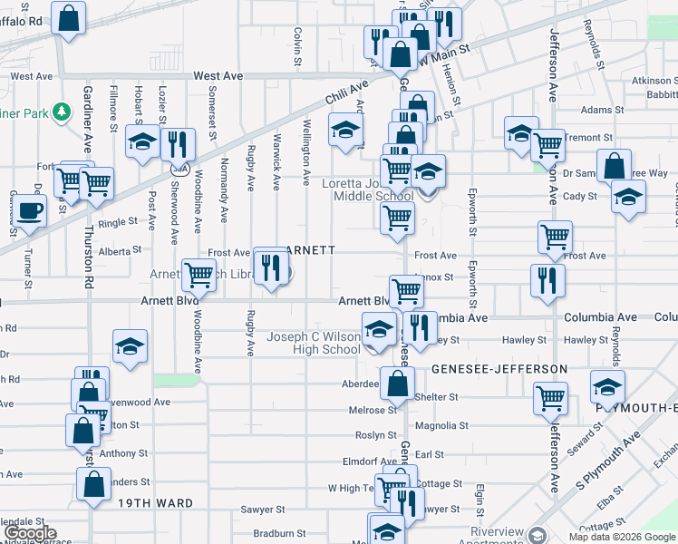 map of restaurants, bars, coffee shops, grocery stores, and more near 200 Arnett Boulevard in Rochester