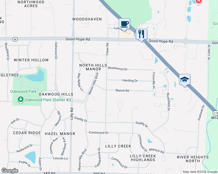 map of restaurants, bars, coffee shops, grocery stores, and more near N68W13494 Ranch Road in Menomonee Falls