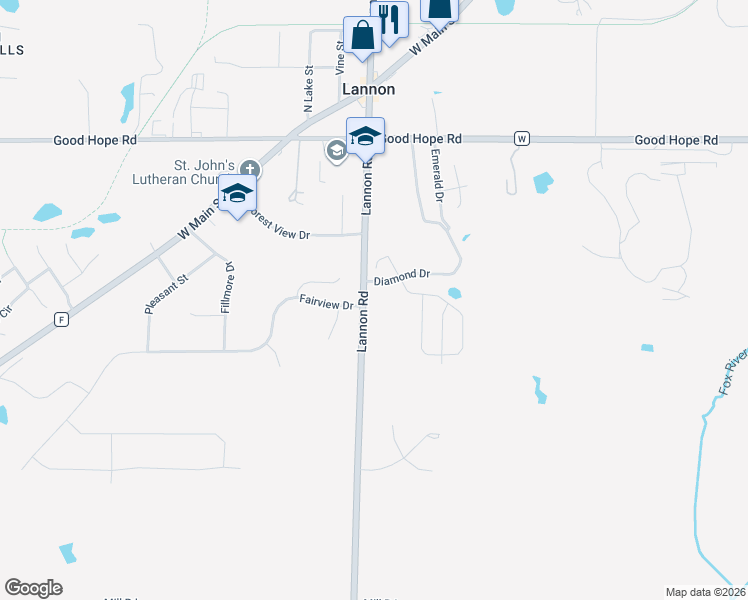 map of restaurants, bars, coffee shops, grocery stores, and more near 6938 Lannon Road in Menomonee Falls