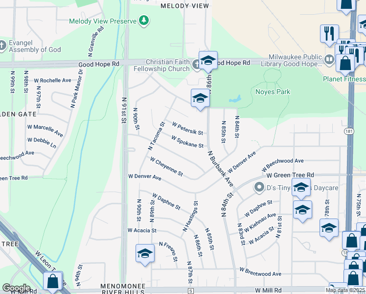 map of restaurants, bars, coffee shops, grocery stores, and more near 8709 West Spokane Street in Milwaukee