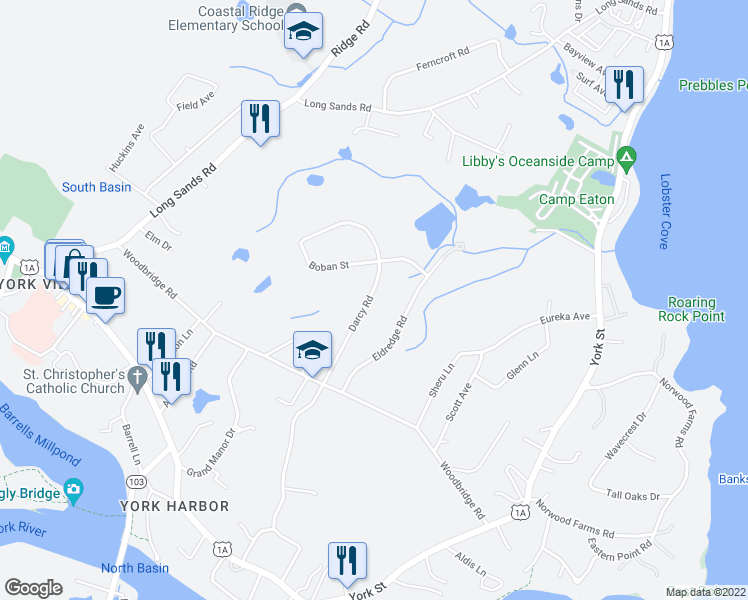 map of restaurants, bars, coffee shops, grocery stores, and more near 40 Eldredge Road in York
